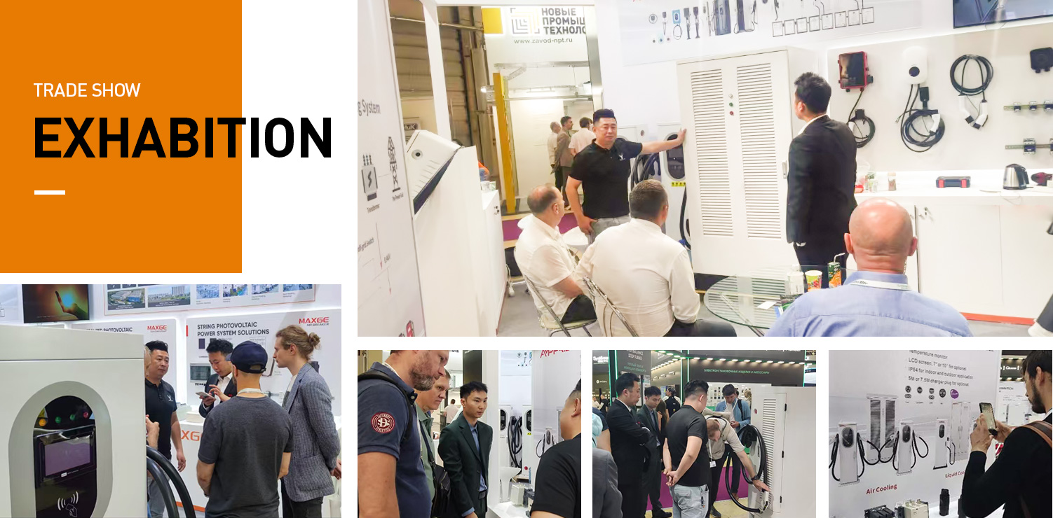 AnengJi showcasing EV chargers at international exhibitions, presenting products and solutions to customers during live demonstrations.