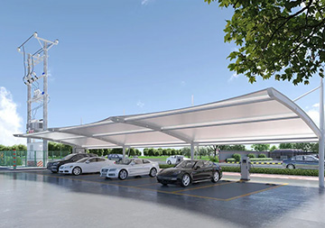 Hotel entrance with EV charging stations installed for guests, making travel more convenient.