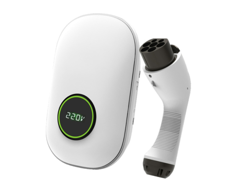White 7kW Level 2 AC EV charger with wall-mounted design for residential and commercial use.