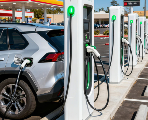 An electric vehicle charging at a commercial EV charging station in a parking lot