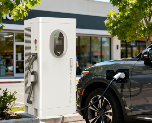 Commercial Level 3 DC fast charging station powering an electric vehicle in a parking lot
