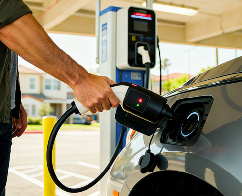 An EV owner preparing to plug a Level 2 charging connector into his electric car at a public charging station.