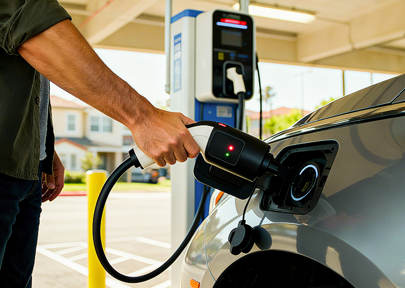 An EV owner preparing to plug a Level 2 charging connector into his electric car at a public charging station.
