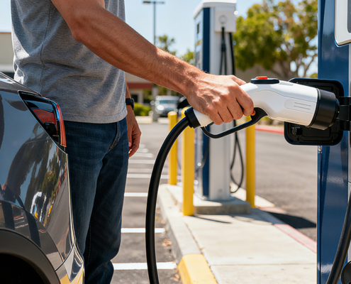 Electric vehicle owner holding charging cable at Level 2 station