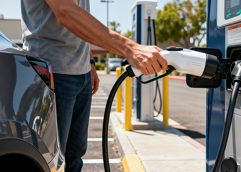 Electric vehicle owner holding charging cable at Level 2 station