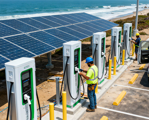 Two professional electricians installing a commercial EV charging station in a parking lot