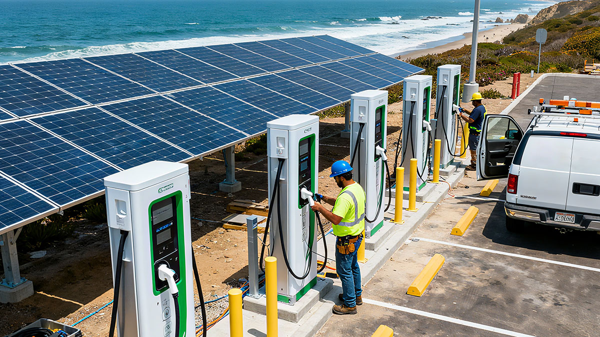 Two professional electricians installing a commercial EV charging station in a parking lot
