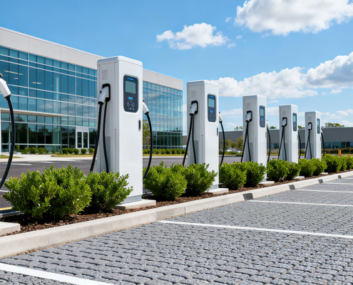 Multiple DC fast chargers set up at an industrial park parking area
