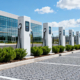 Multiple DC fast chargers set up at an industrial park parking area