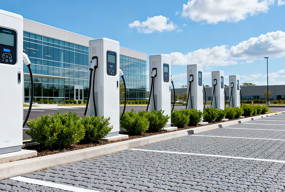 Multiple DC fast chargers set up at an industrial park parking area