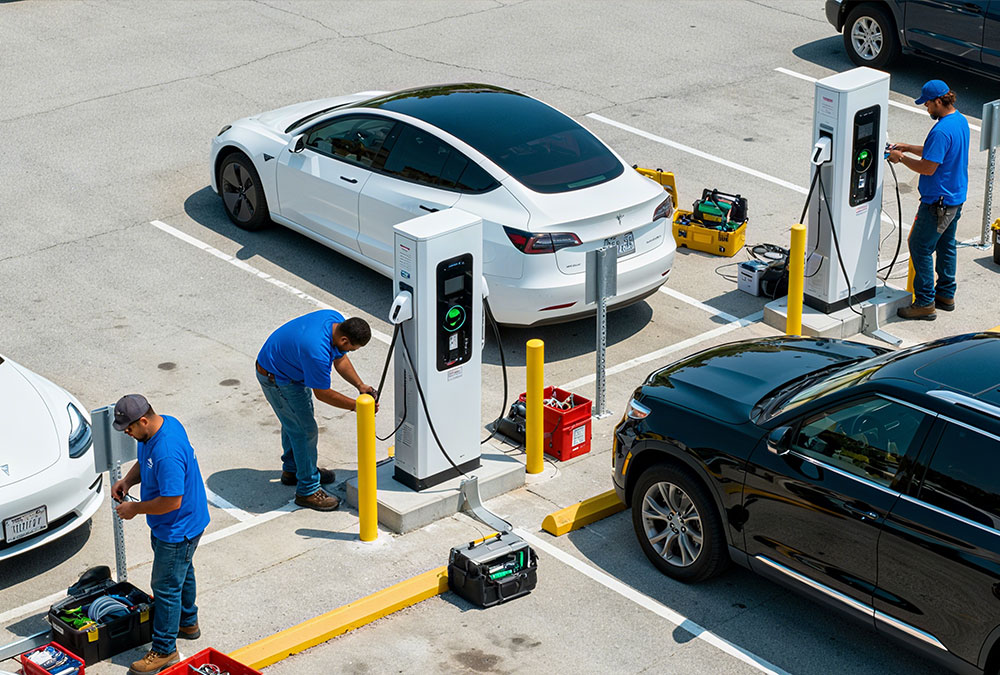 Technicians installing a DC fast commercial EV charger in a public parking lot