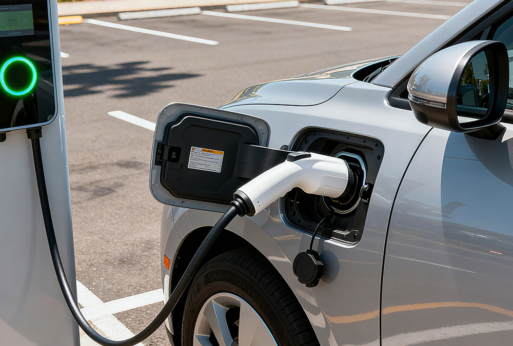 Electric vehicle connected to a Level 2 charging station at public parking