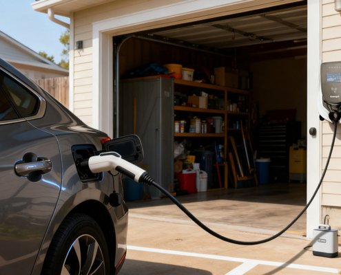 Electric car charging outside a home garage on a sunny day using a Level 2 EV charger