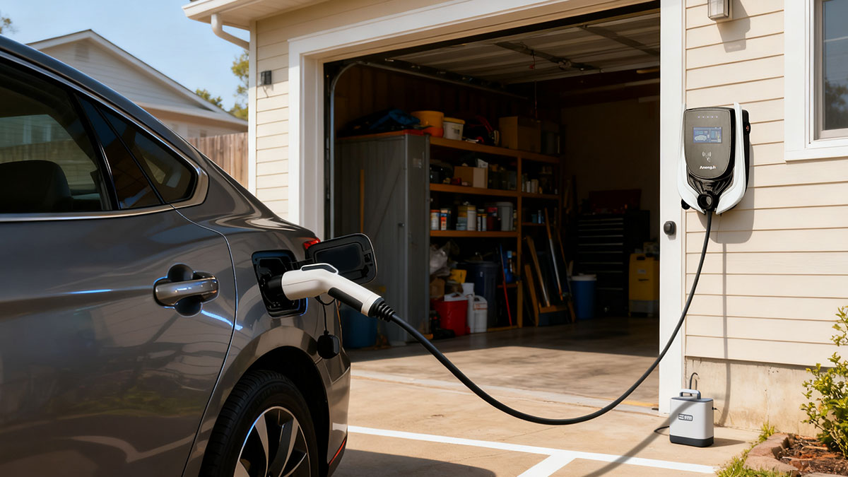 Electric car charging outside a home garage on a sunny day using a Level 2 EV charger