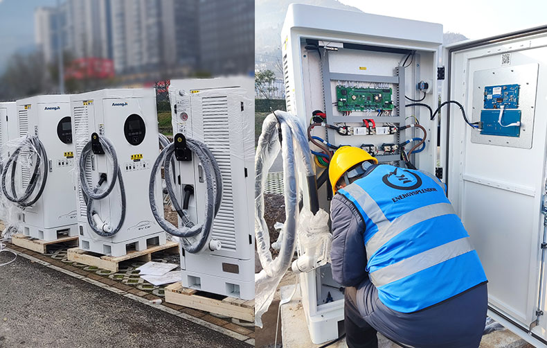 Technician installing a Level 3 DC fast charging station for a commercial property