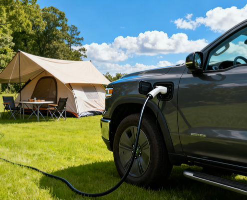 A pickup truck camping on the grassland, using a portable EV charger to power camping gear outdoors.