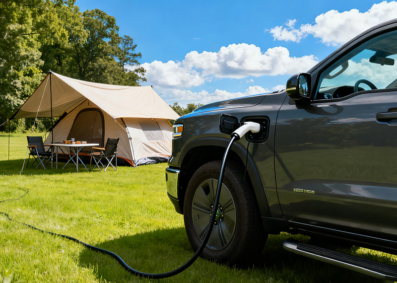 A pickup truck camping on the grassland, using a portable EV charger to power camping gear outdoors.