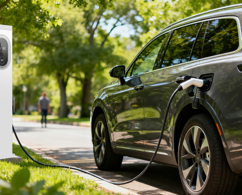 An SUV parked on a tree-lined city street, charging at a public EV charger under the sunlight.