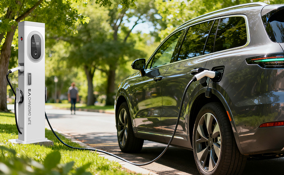 An SUV parked on a tree-lined city street, charging at a public EV charger under the sunlight.