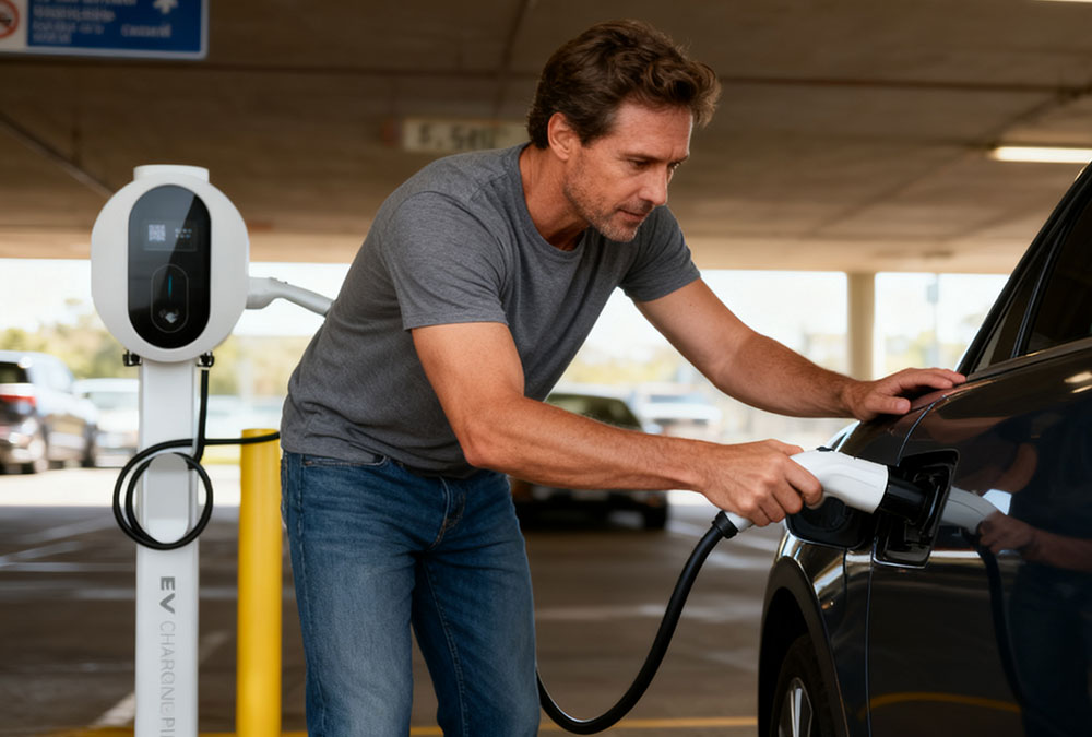Car owner charging a plug-in hybrid in a parking lot using a Level 2 charger, illustrating hybrid cars 2025 usage.