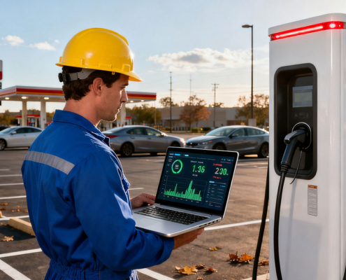 A charging-station technician standing in a public parking lot, checking EV charger maintenance data on a laptop.