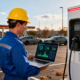 A charging-station technician standing in a public parking lot, checking EV charger maintenance data on a laptop.
