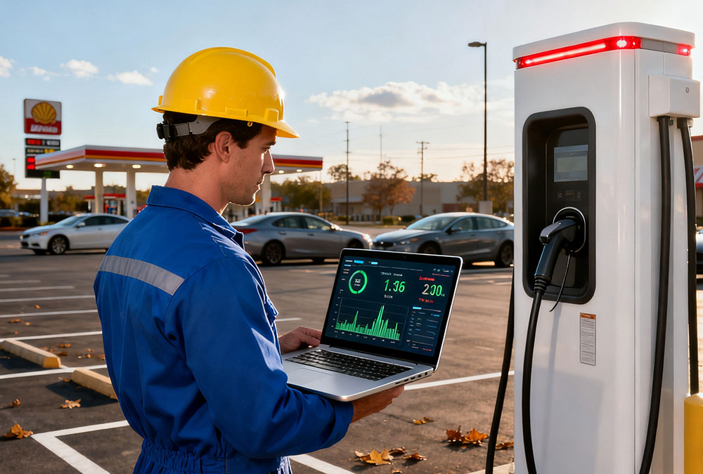 A charging-station technician standing in a public parking lot, checking EV charger maintenance data on a laptop.