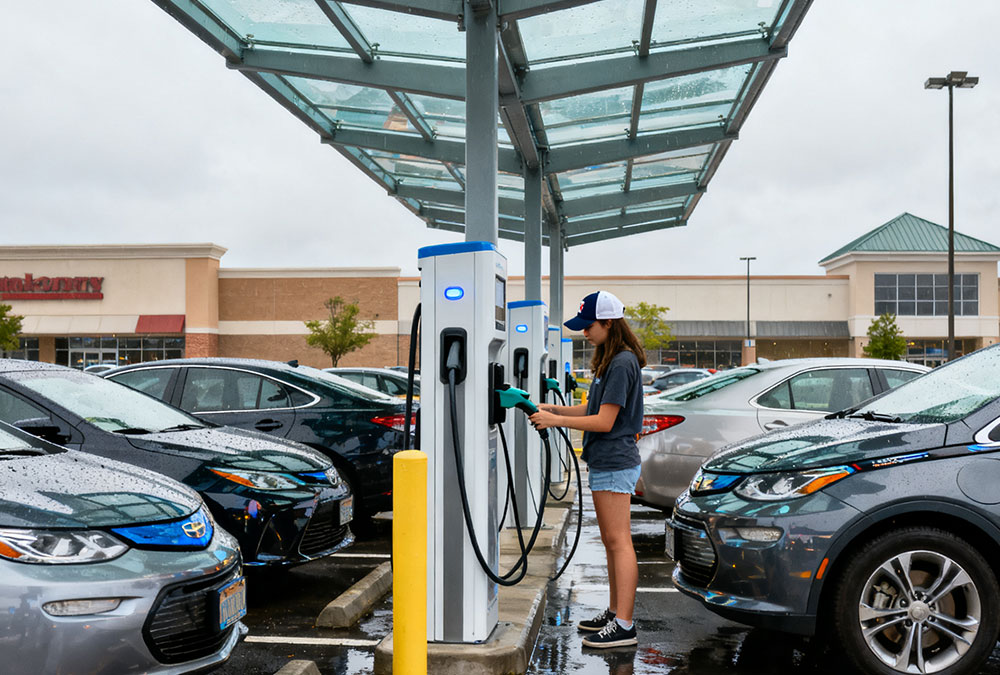 An electric vehicle owner standing in a public parking lot, holding a charging connector and preparing to plug into a public EV charging station.
