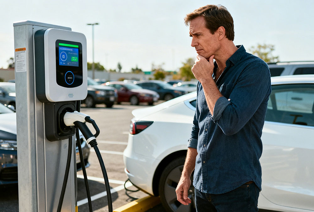 Fleet EV charging decision scenario with an electric vehicle operator evaluating a charging station in a parking lot