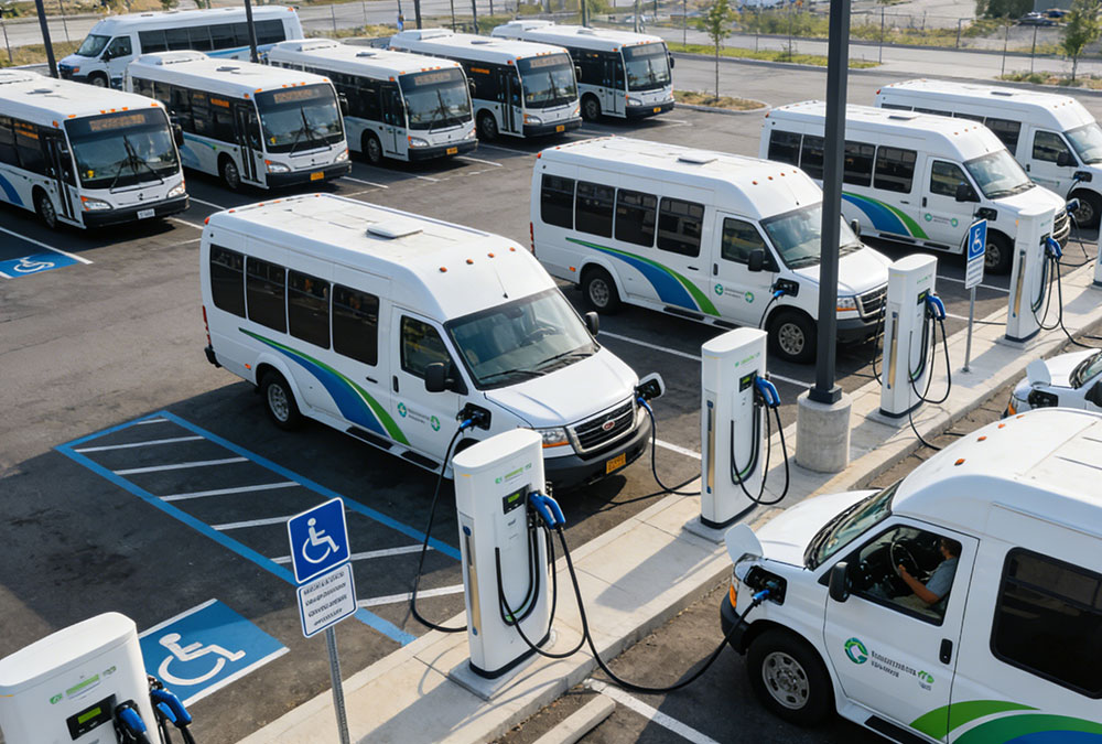 Fleet EV charging in a parking lot with multiple commercial electric vehicles queued for managed charging