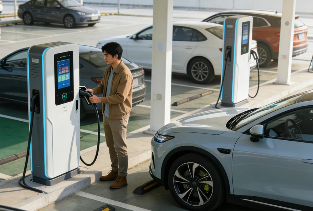 An EV driver preparing to charge an electric car at a public parking lot