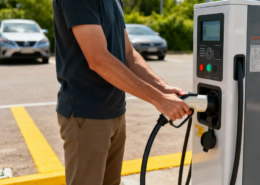 Man holding an electric vehicle charger in a parking lot, preparing to charge his car, illustrating EV charging business opportunities and future commercial charging potential