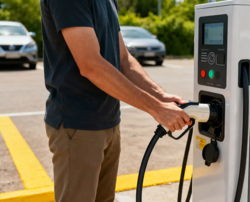 Man holding an electric vehicle charger in a parking lot, preparing to charge his car, illustrating EV charging business opportunities and future commercial charging potential