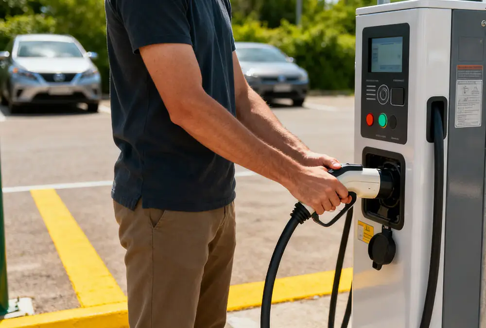 Man holding an electric vehicle charger in a parking lot, preparing to charge his car, illustrating EV charging business opportunities and future commercial charging potential