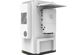 Front view of 100/120kWh commercial solar battery storage cabinet with integrated inverter