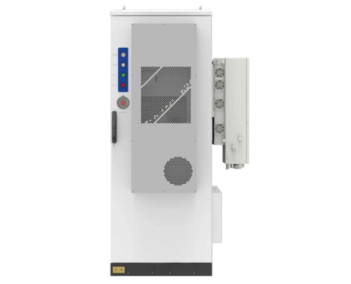 Side view of all-in-one commercial solar and battery energy storage cabinet