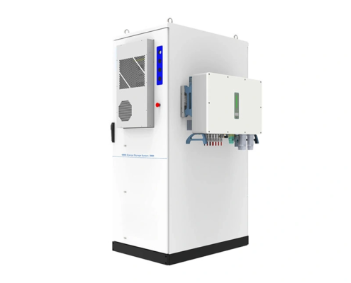 Front view of 64kWh compact solar battery storage cabinet for small commercial and off-grid projects