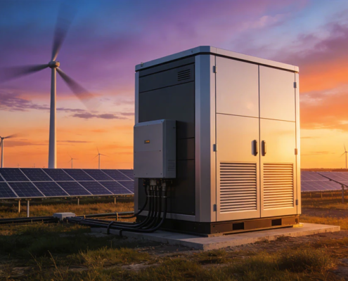 A sleek Battery Energy Storage Systems unit integrating renewable energy at sunset.