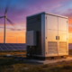 A sleek Battery Energy Storage Systems unit integrating renewable energy at sunset.