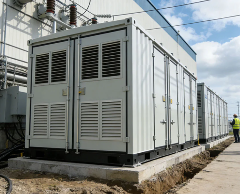 An industrial factory equipped with a Battery Energy Storage System (BESS) for energy management and peak shaving