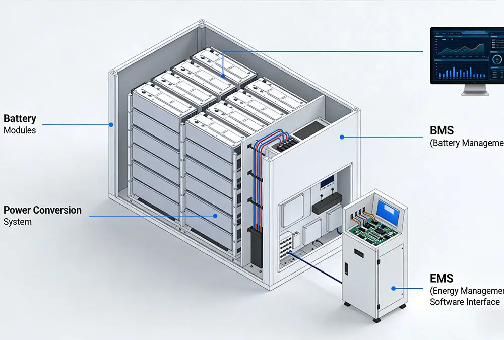 Key components of commercial BESS: battery rack, PCS, BMS and EMS system