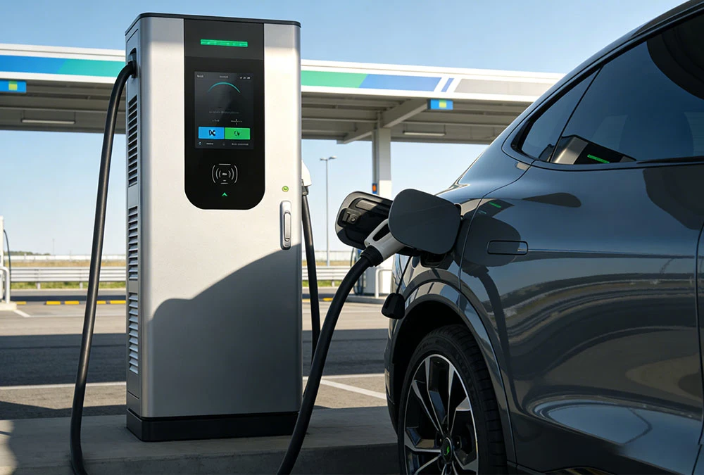 A high-power DC EV charger showing fast charging time progress at a commercial highway station.