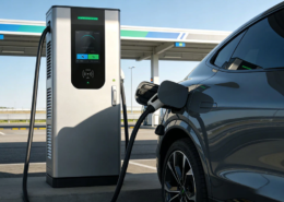 A high-power DC EV charger showing fast charging time progress at a commercial highway station.