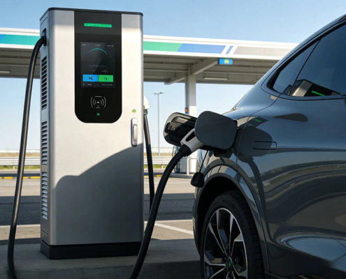 A high-power DC EV charger showing fast charging time progress at a commercial highway station.