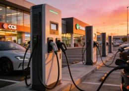 A modern high-power DC fast charging station installation at a commercial retail hub featuring multiple 180kW chargers.