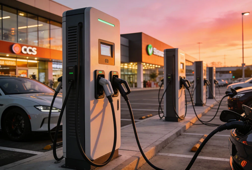 A modern high-power DC fast charging station installation at a commercial retail hub featuring multiple 180kW chargers.