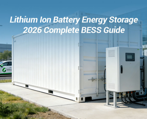 Exterior view of a 1MWh commercial lithium ion battery energy storage containerized system installed on a concrete pad with integrated PCS inverters and grid connection.