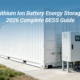 Exterior view of a 1MWh commercial lithium ion battery energy storage containerized system installed on a concrete pad with integrated PCS inverters and grid connection.