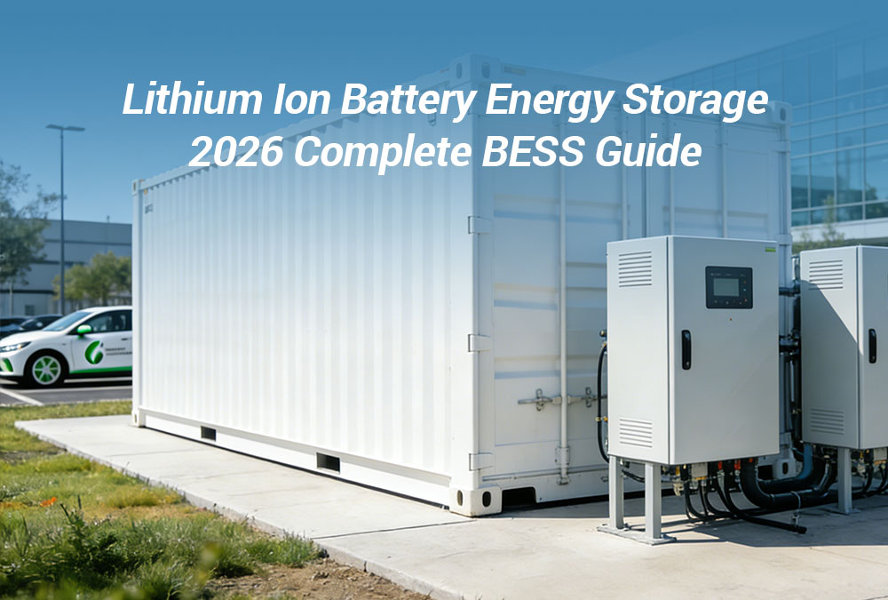 Exterior view of a 1MWh commercial lithium ion battery energy storage containerized system installed on a concrete pad with integrated PCS inverters and grid connection.