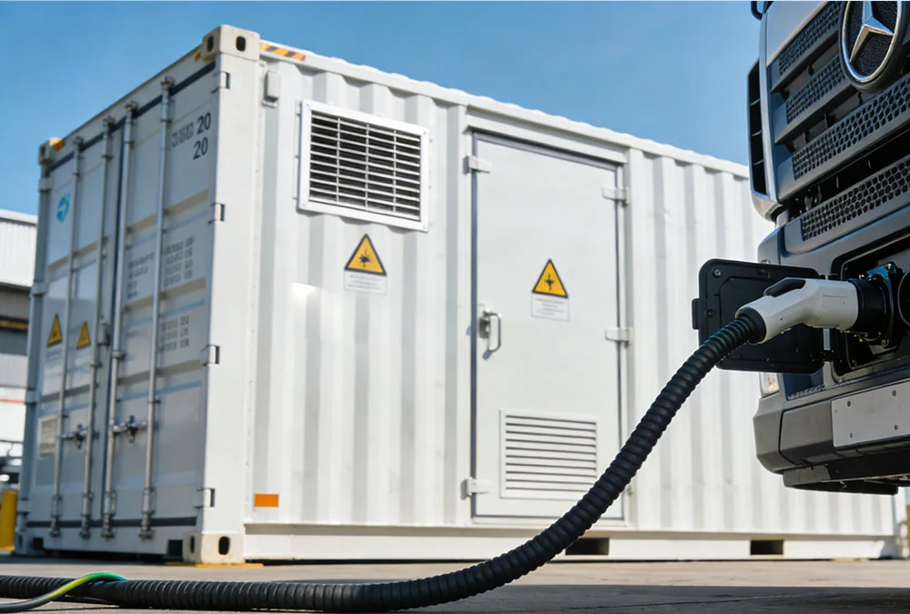 A containerized battery energy storage system (BESS) used as a power buffer for high-power EV fast charging stations.